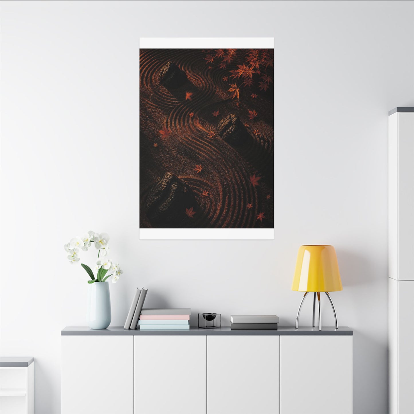 Dark Japandi Rock Garden in Golden Hour | Charcoal Ink Canvas Art