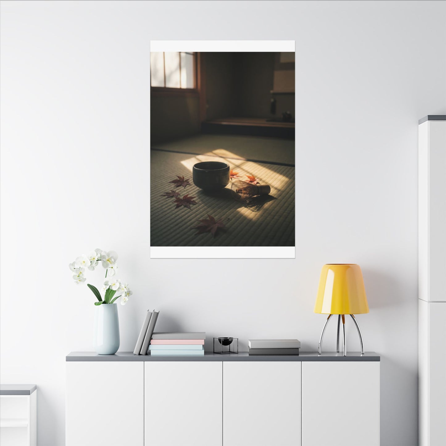 Dark Japandi Tea Ceremony in Golden Hour | Moody Minimal Canvas Art