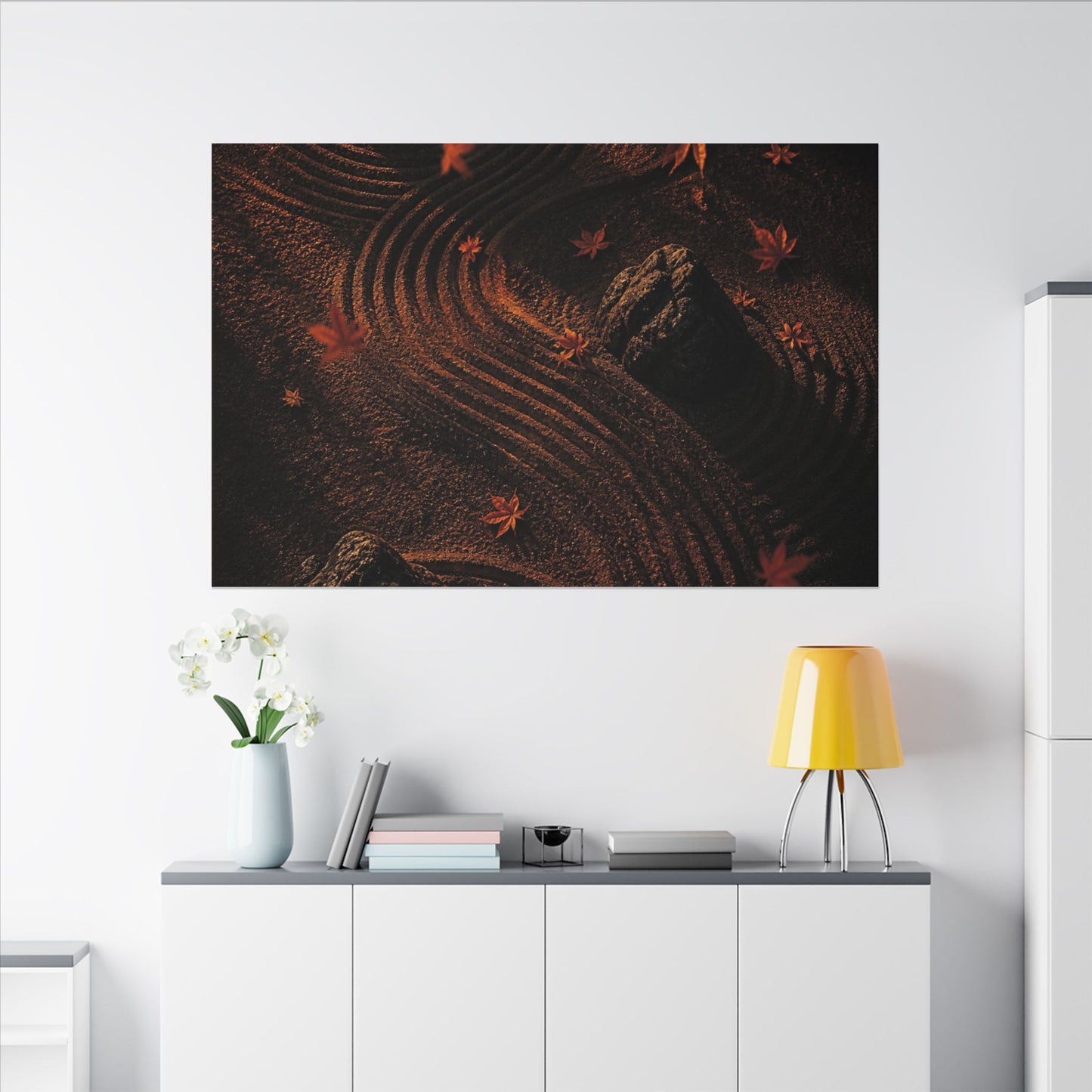 Dark Japandi Rock Garden in Golden Hour | Charcoal Ink Canvas Art