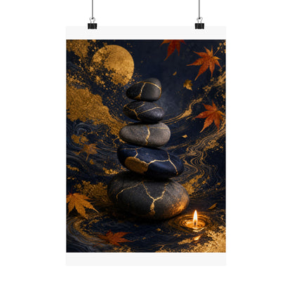 River Stones Wall Art Print | Autumn Kintsugi Gold Vein Art