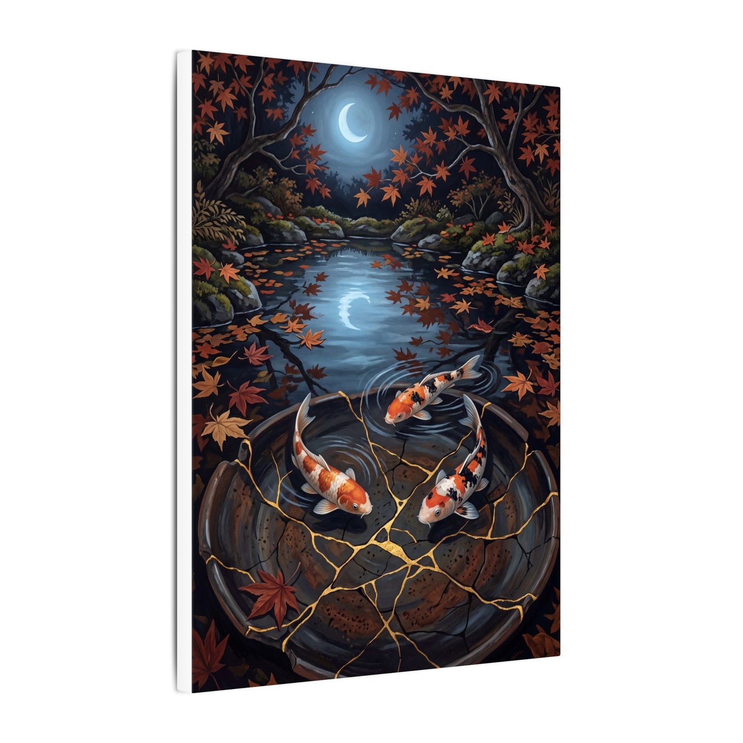 Koi Pond Canvas Art | Autumn Kintsugi Gold Repair Art