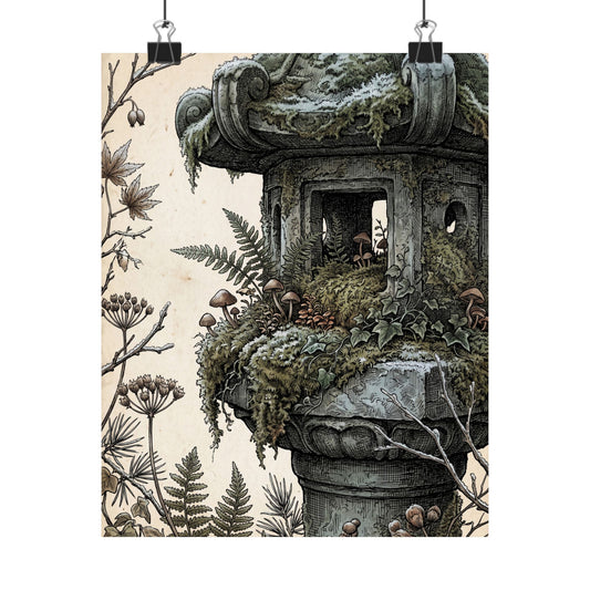 Stone Lantern Winter Wall Art Print | Cottagecore Nostalgic Design