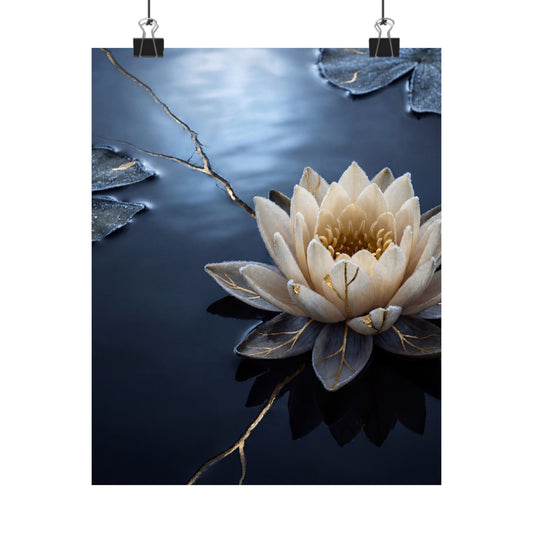 Winter Lotus Flower Gold Vein Wall Art Print | Resilient Decor