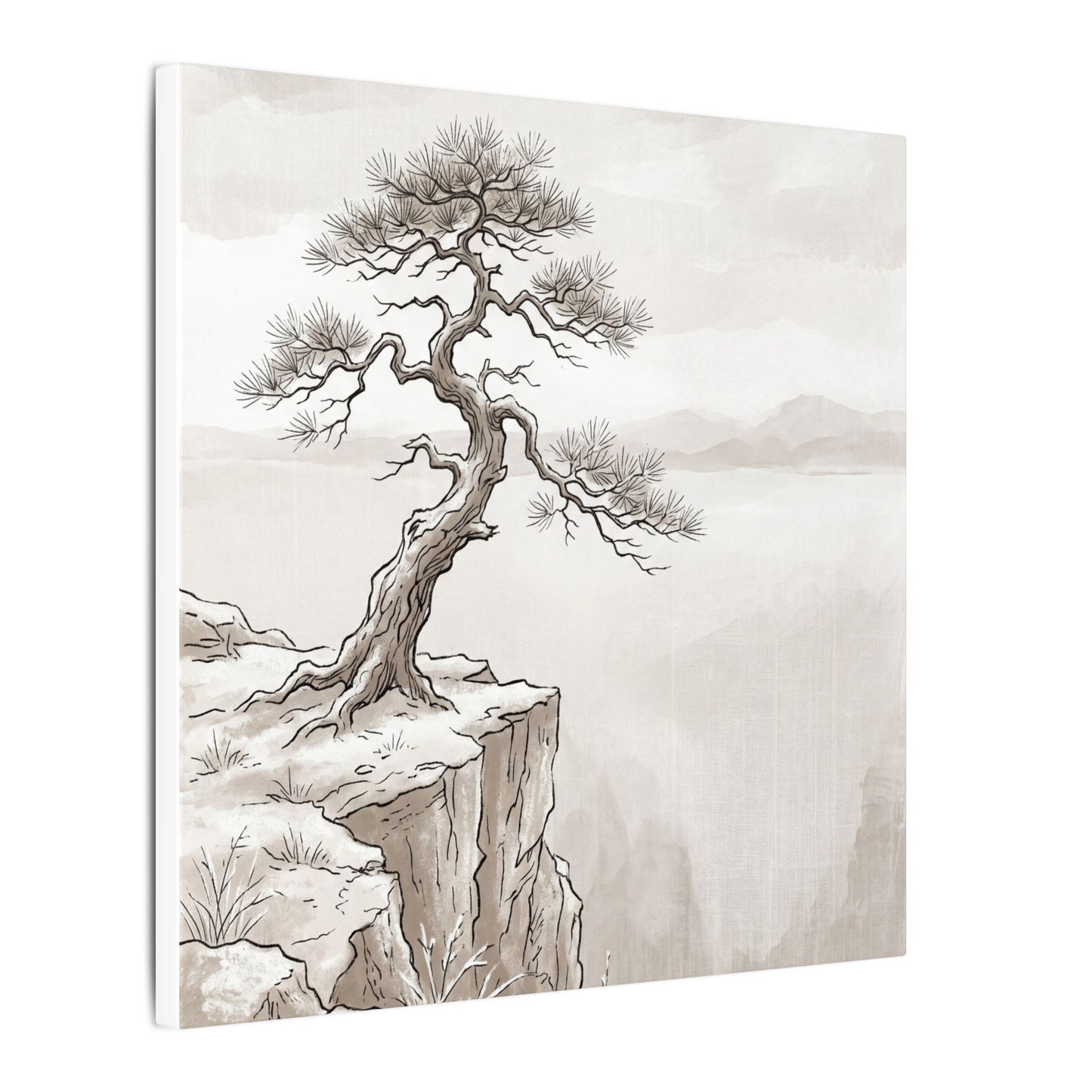 Neutral Pine Tree Canvas Art - Minimal Line Japandi
