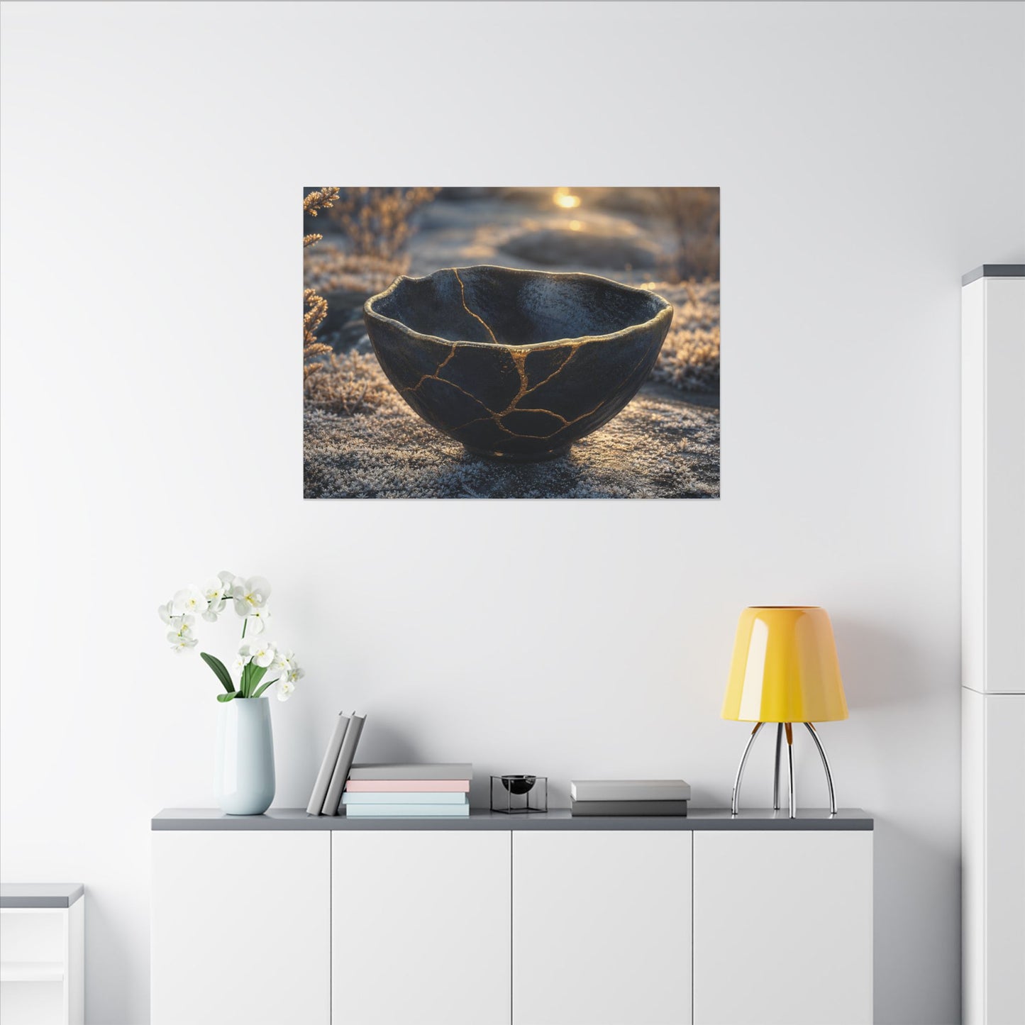 Ceramic Bowl Canvas Art | Winter Kintsugi Gold Repair Art