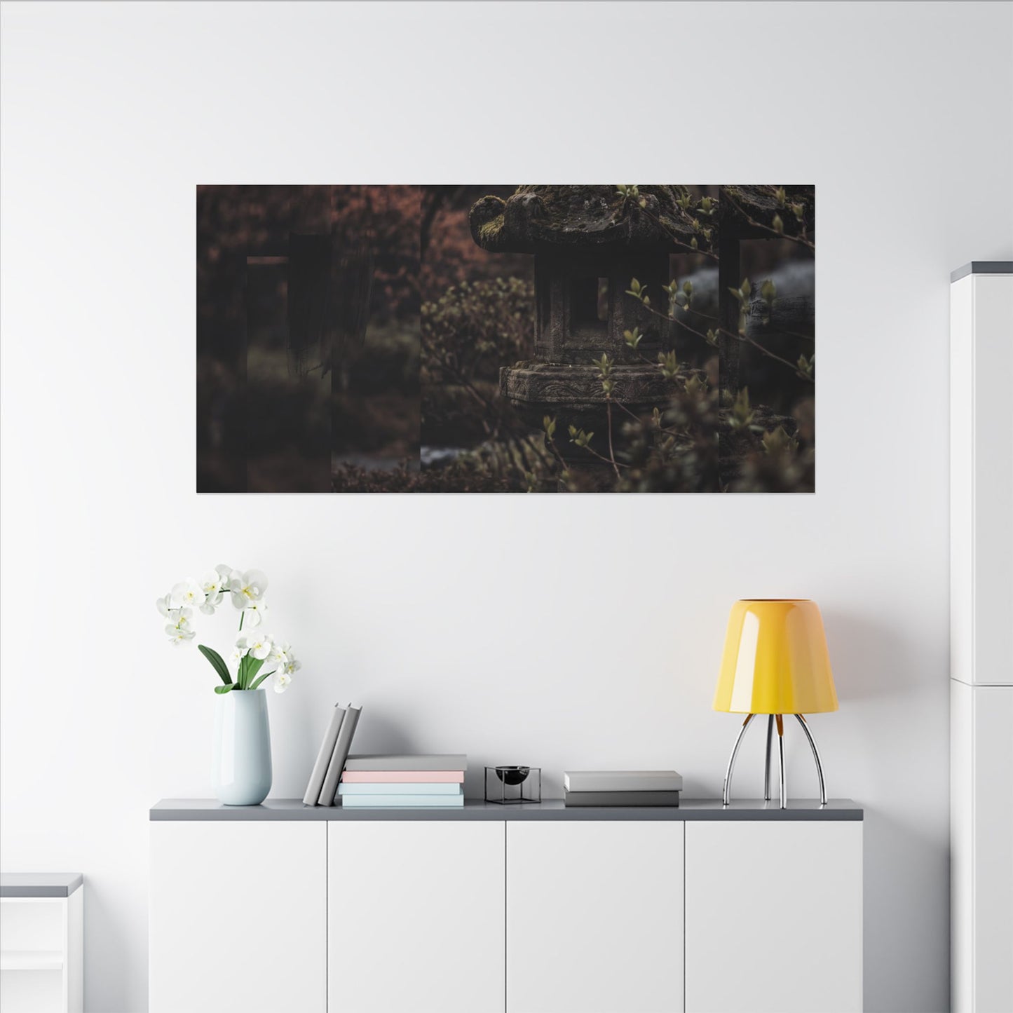 Stone Lantern Spring Canvas Art | Dark Japandi Bold Design