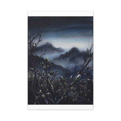 Mountain Mist Spring Canvas Art | Dark Japandi Atmospheric Design