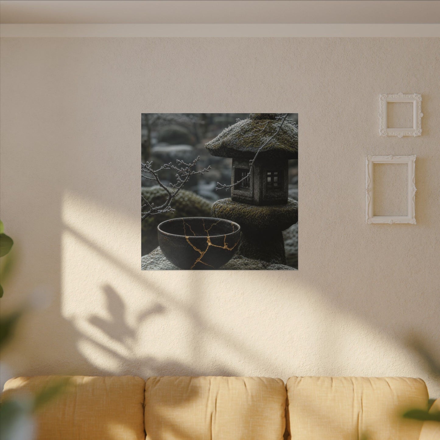 Stone Lantern Canvas Art | Winter Kintsugi Gold Repair Art