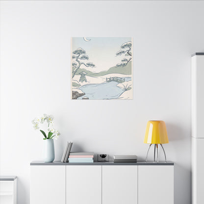 Japandi Moonlit Garden in Moonlight | Minimal Line Canvas Art