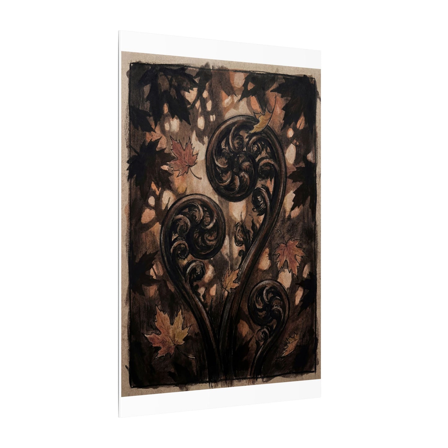 Mono No Aware Fern Unfurling Canvas Art - Dark Japandi Charcoal Ink