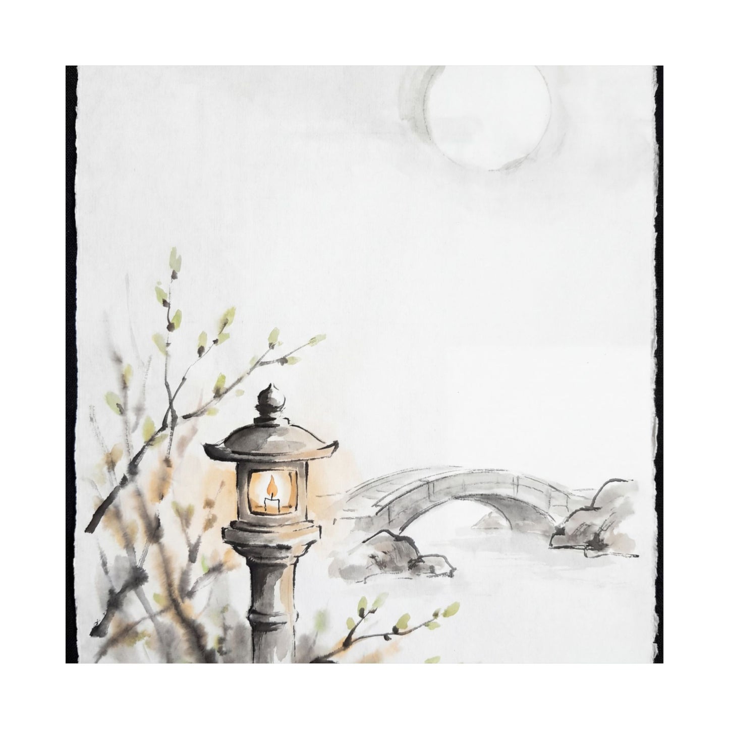 Spring Moonlit Garden Sumi E Wall Art Print | Calm Decor