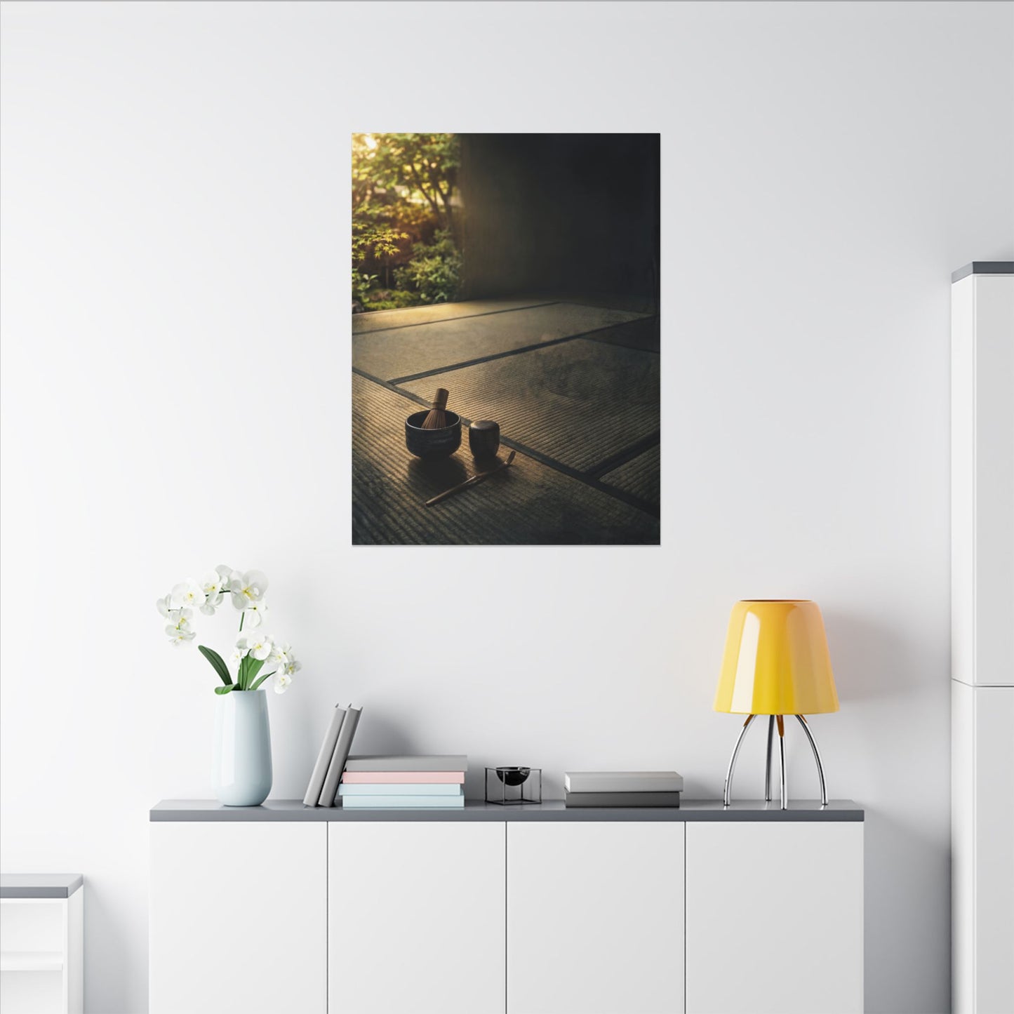 Dark Japandi Tea Ceremony in Golden Hour | Dark Texture Canvas Art