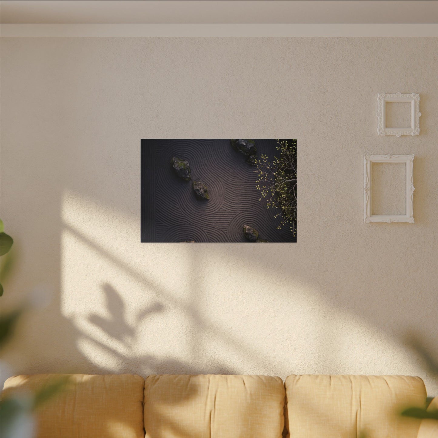 Dark Japandi Rock Garden in Dawn | Shadow Zen Canvas Art