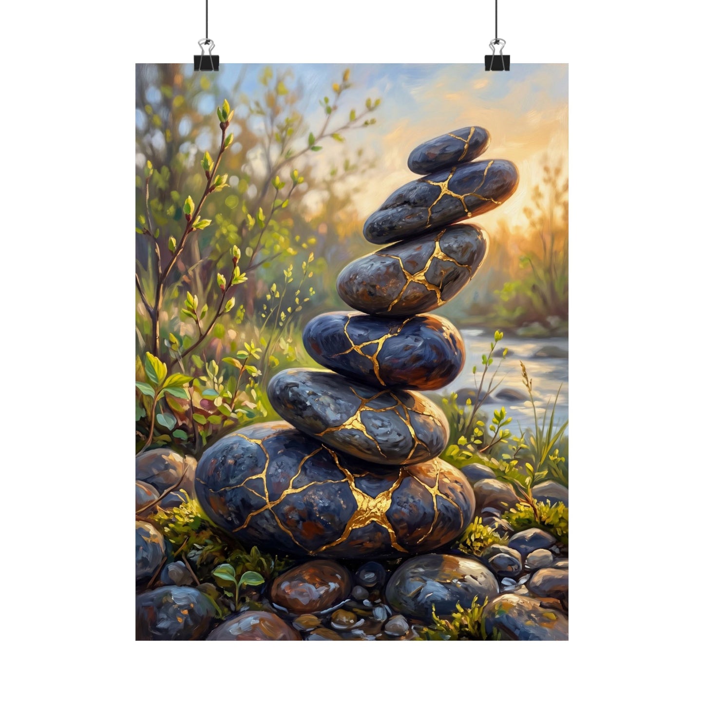 River Stones Wall Art Print | Spring Kintsugi Gold Repair Art