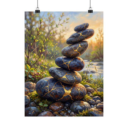 River Stones Wall Art Print | Spring Kintsugi Gold Repair Art