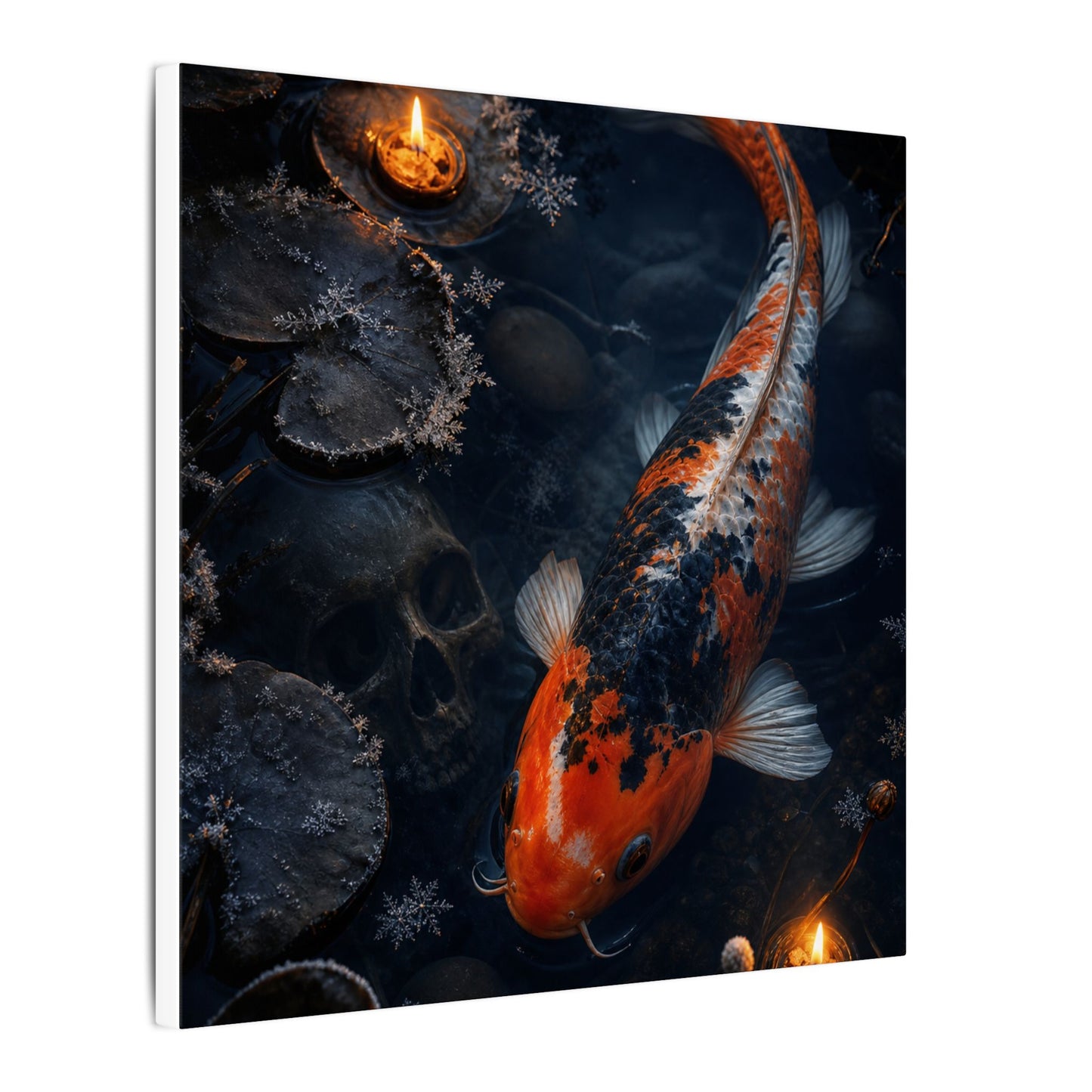 Koi Pond Canvas Art | Winter Dark Japandi Shadow Zen Art