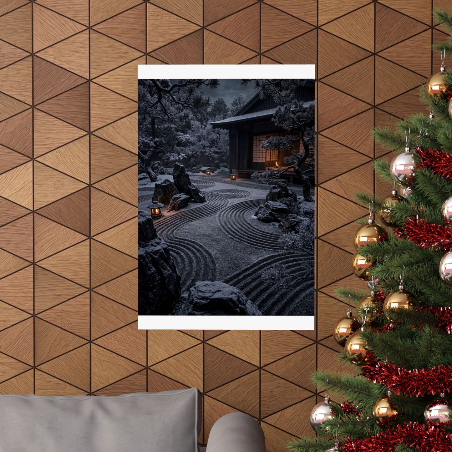Dark Japandi Rock Garden in Candlelight | Shadow Zen Wall Art Print