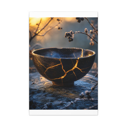 Ceramic Bowl Canvas Art | Winter Kintsugi Gold Repair Art