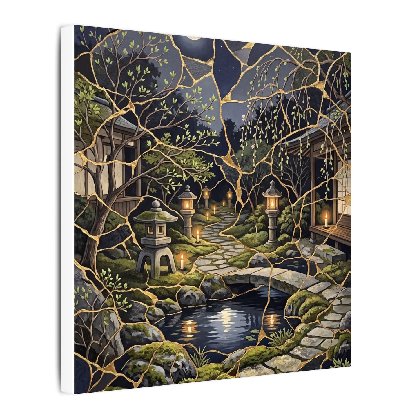 Kintsugi Moonlit Garden in Candlelight | Gold Vein Canvas Art