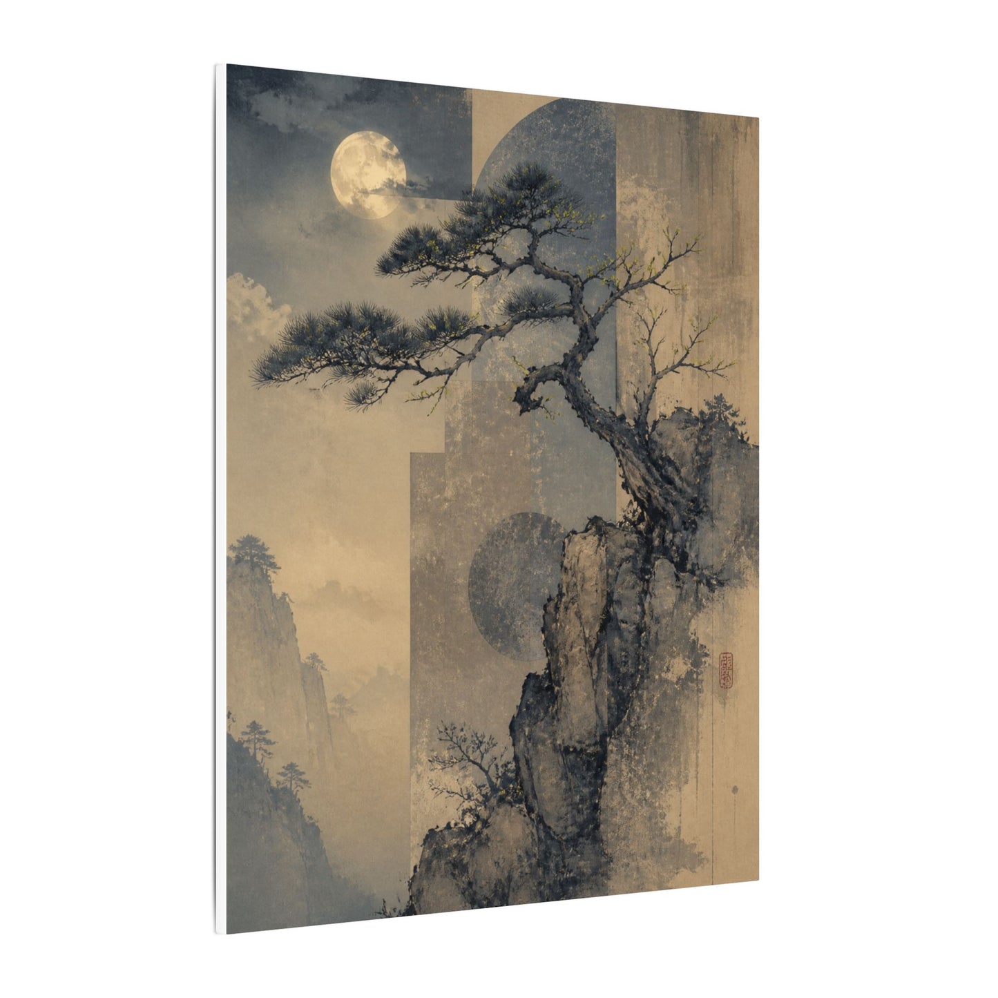 Japandi Pine Tree in Moonlight | Japanese Pattern Canvas Art