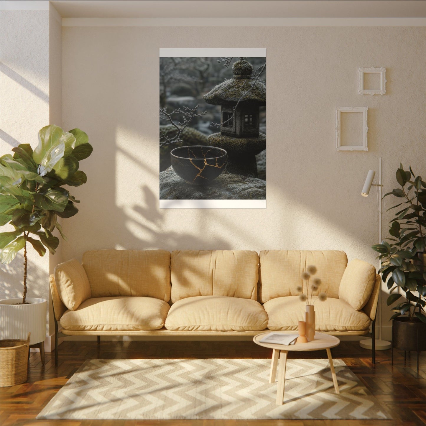 Stone Lantern Canvas Art | Winter Kintsugi Gold Repair Art