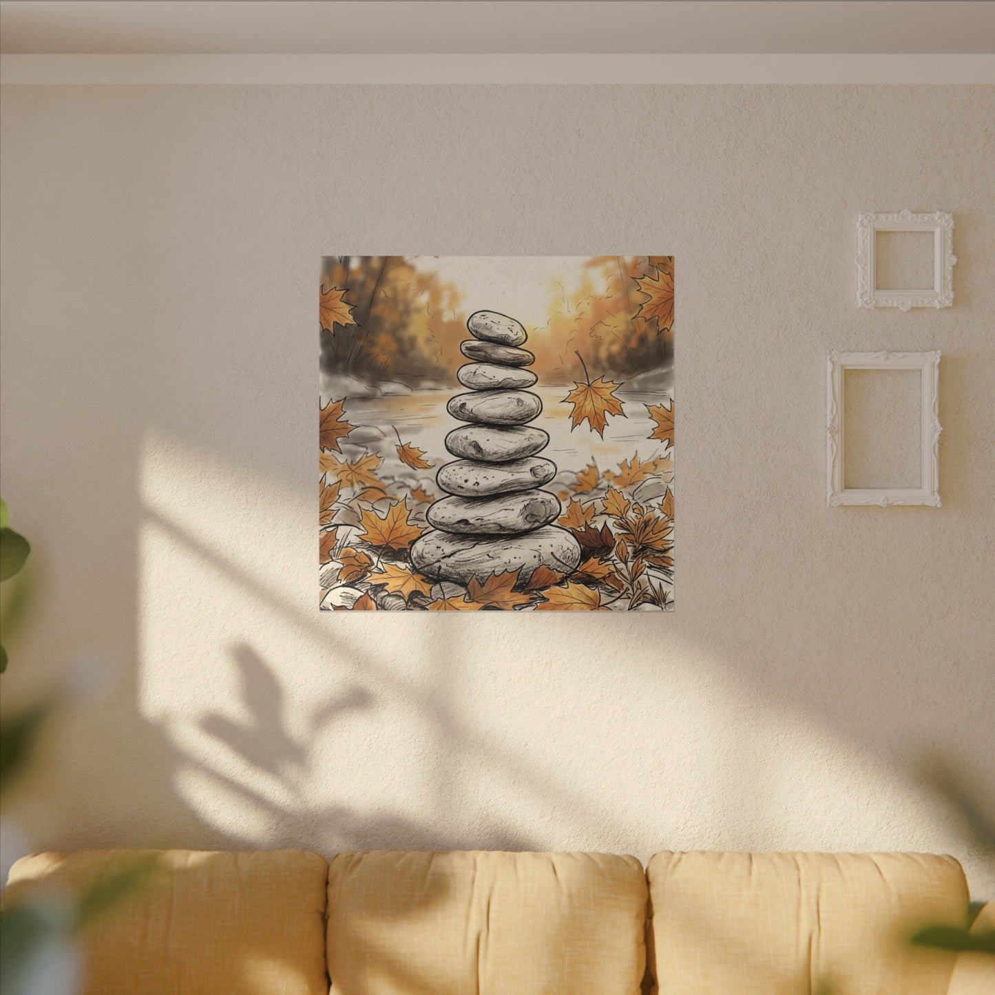 Earthy River Stones Canvas Art - Minimal Line Japandi