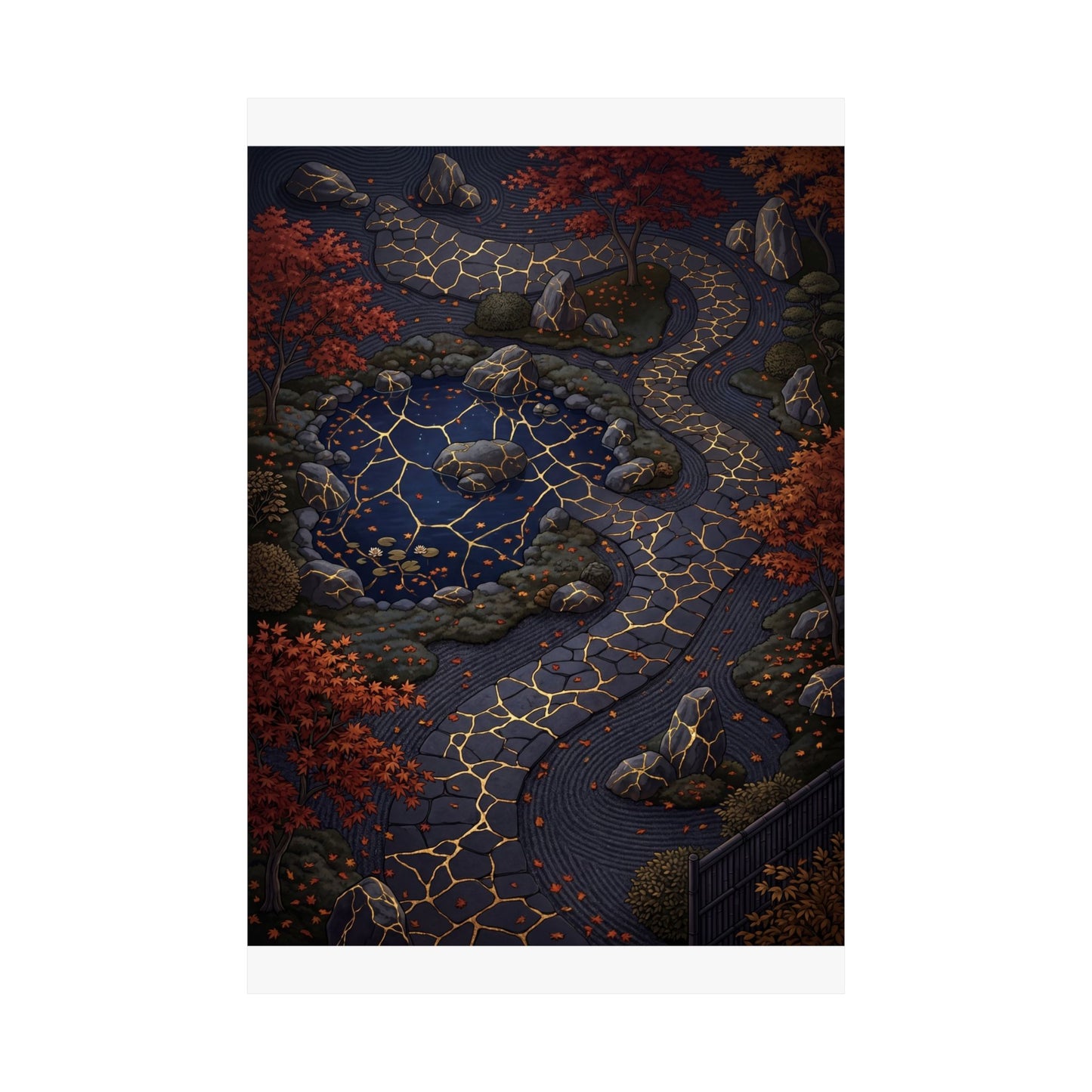Moonlit Garden Wall Art Print | Autumn Kintsugi Gold Vein Art