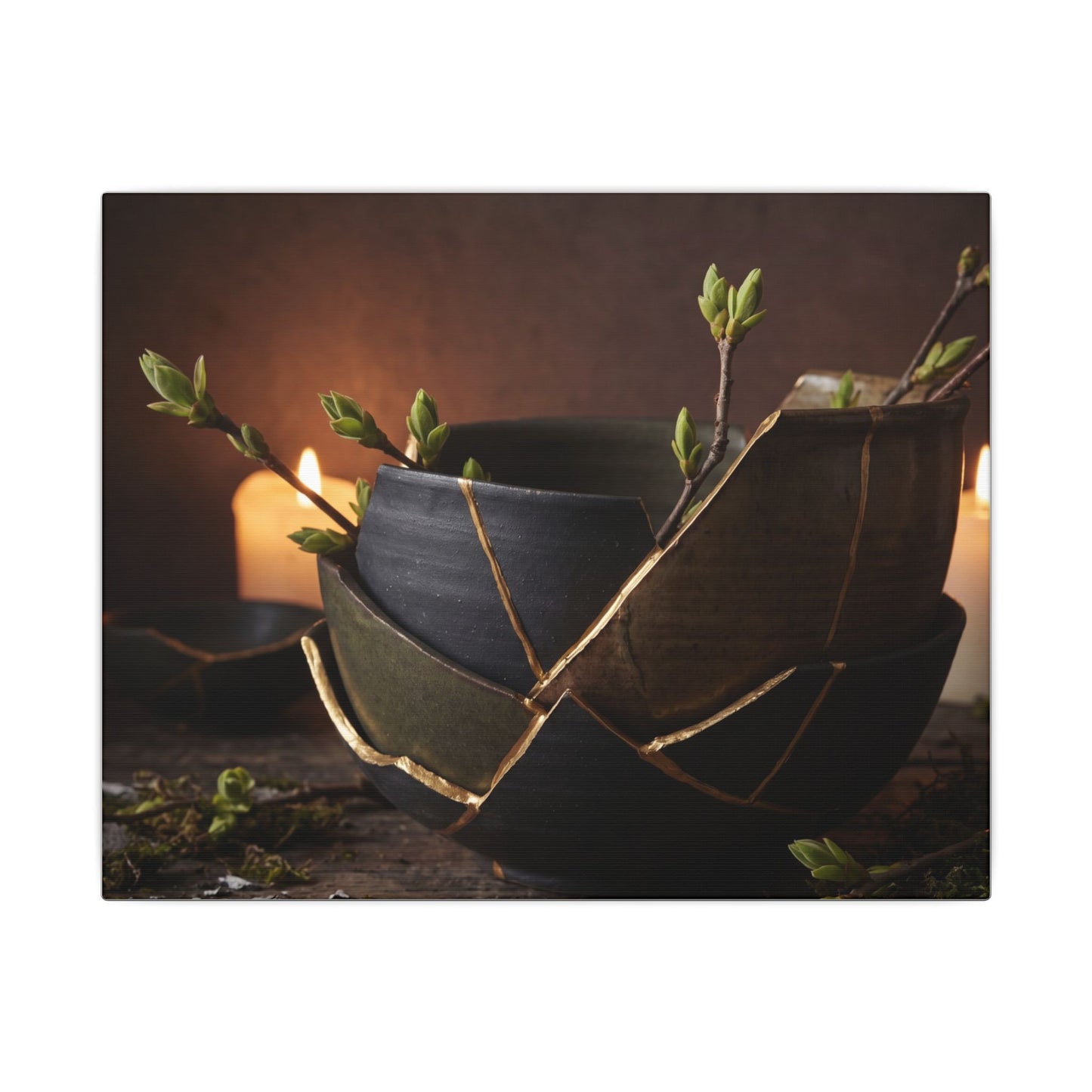 Broken Pottery Spring Canvas Art | Dark Japandi Luxurious Design