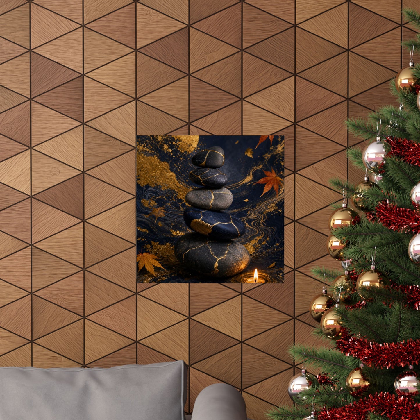 River Stones Wall Art Print | Autumn Kintsugi Gold Vein Art