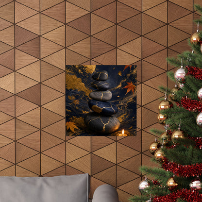 River Stones Wall Art Print | Autumn Kintsugi Gold Vein Art