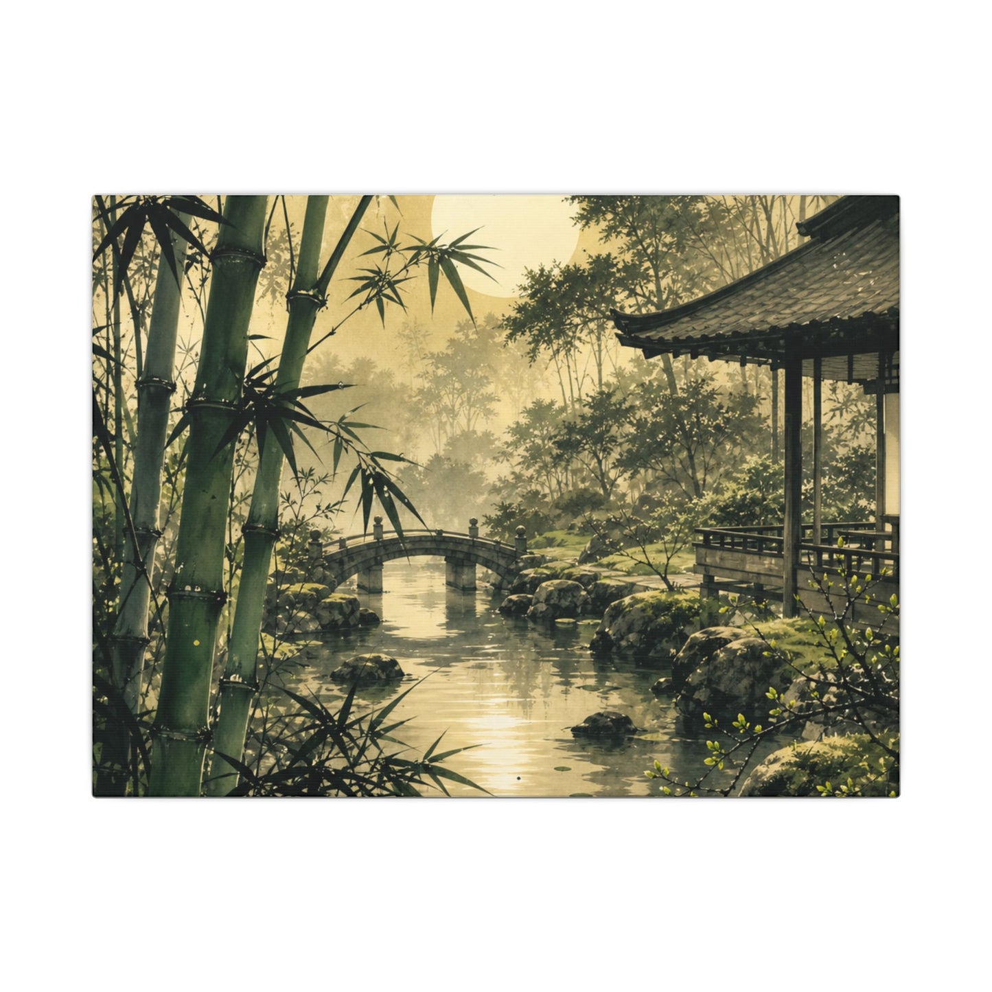 Moonlit Garden Sumi E Canvas Art | Calm Zen Art