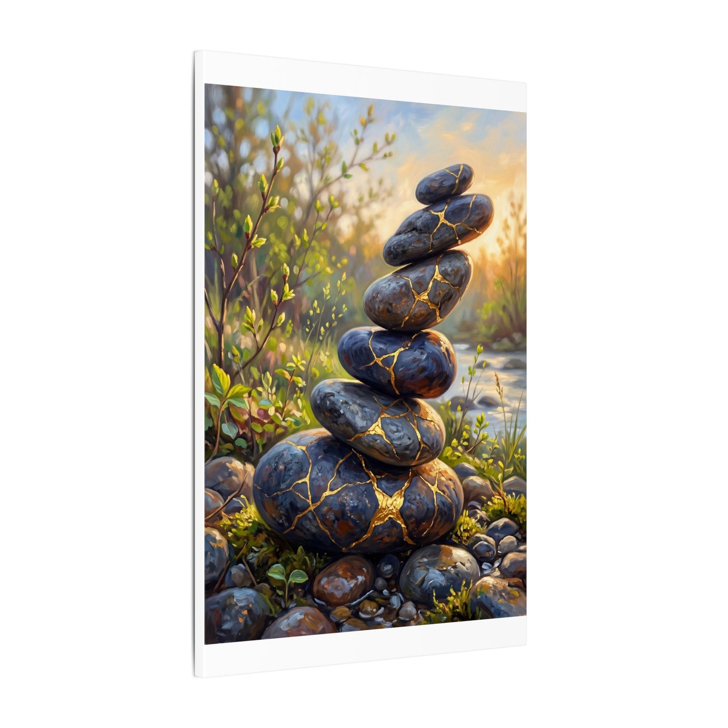 Spring River Stones Gold Repair Canvas Art | Healing Decor