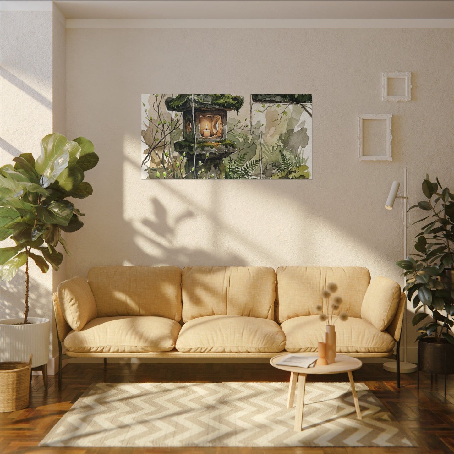Stone Lantern Watercolor Canvas Art | Elegant Japandi Art