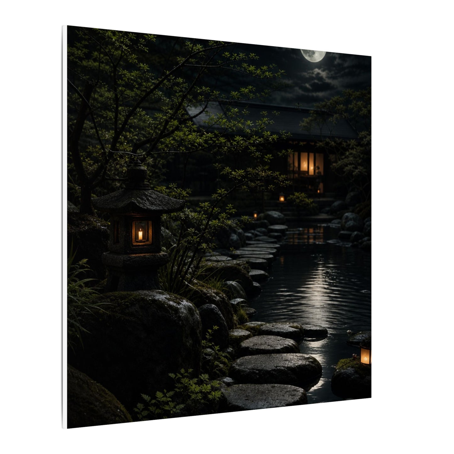 Moonlit Garden Shadow Zen Canvas Art | Sophisticated Dark Japandi Art