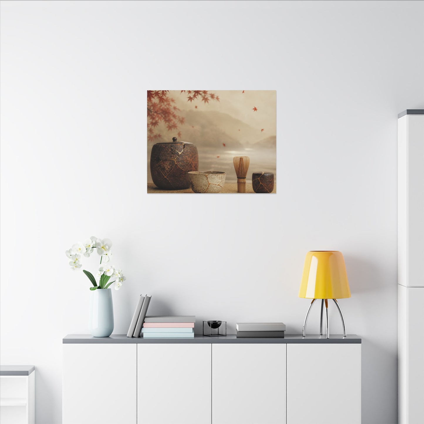 Tea Ceremony Canvas Art | Autumn Kintsugi Gold Vein Art