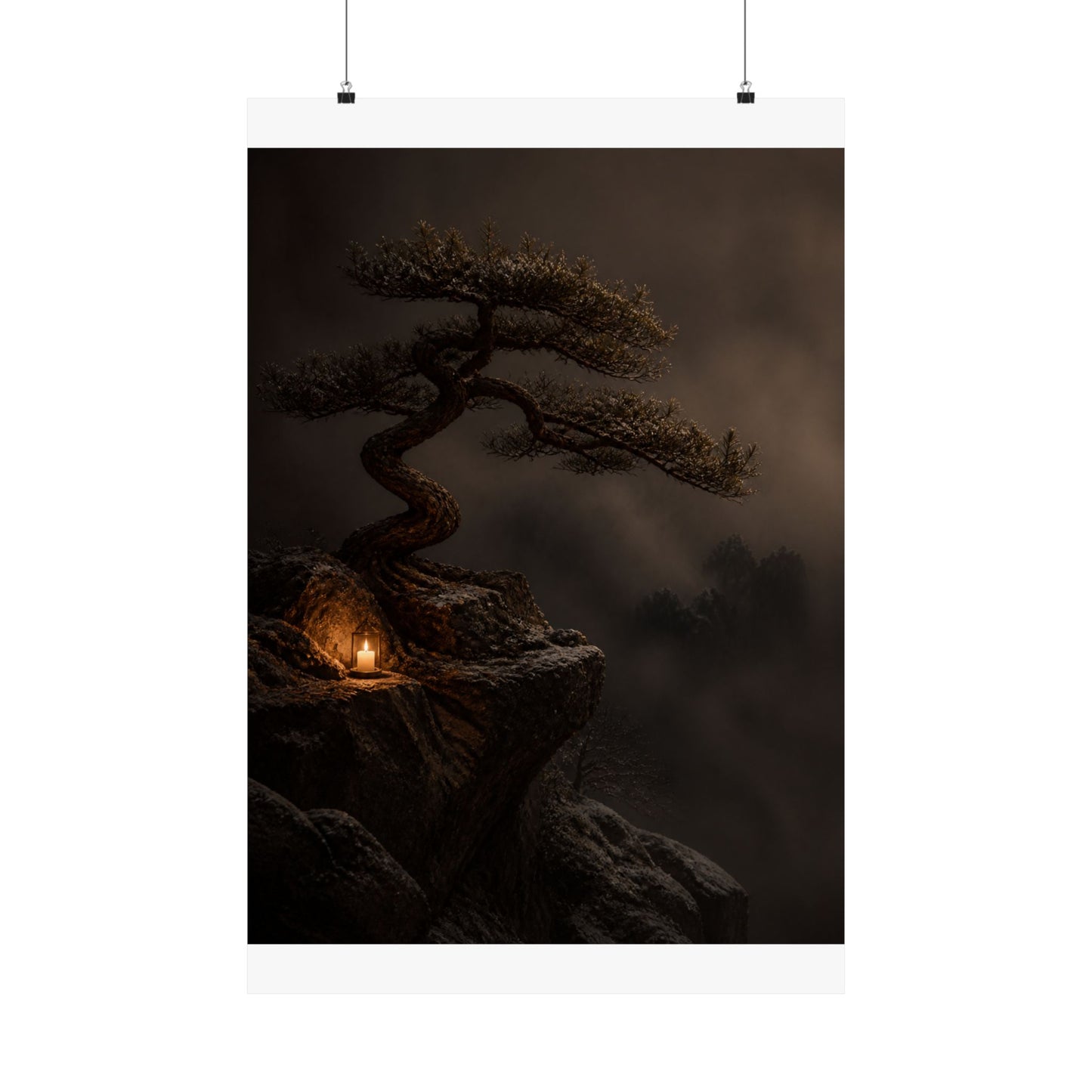 Candlelight Pine Tree Wall Art Print - Dark Japandi Kanso