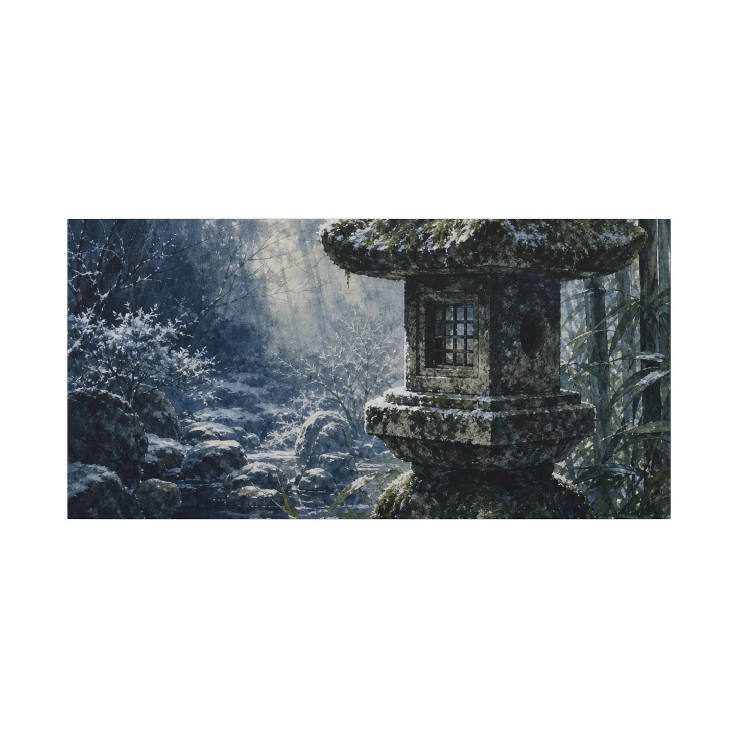 Zen Stone Lantern in Dappled | Sumi E Canvas Art