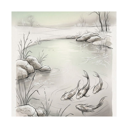 Japandi Koi Pond in Dawn | Minimal Line Wall Art Print