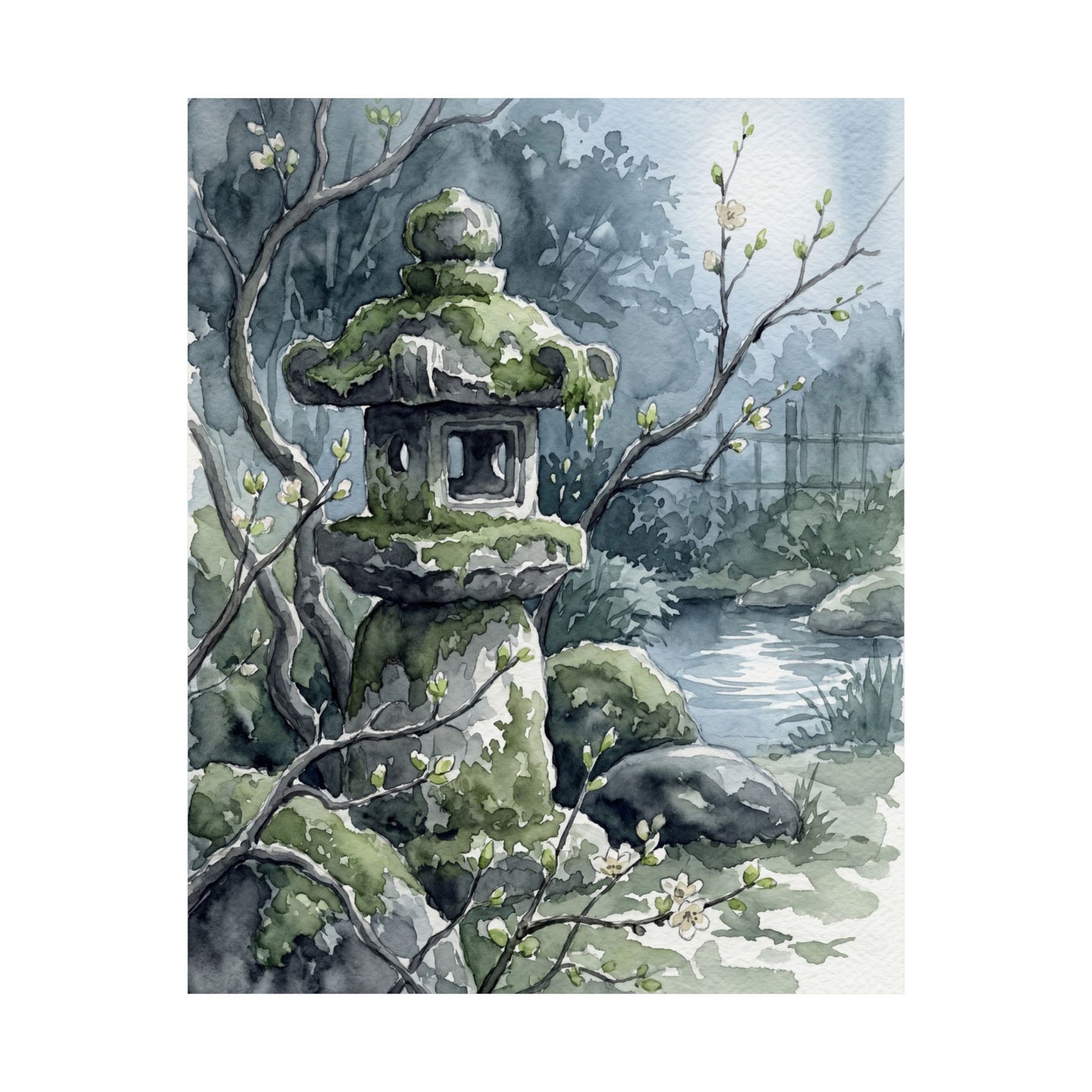 Japandi Stone Lantern in Moonlight | Watercolor Wall Art Print