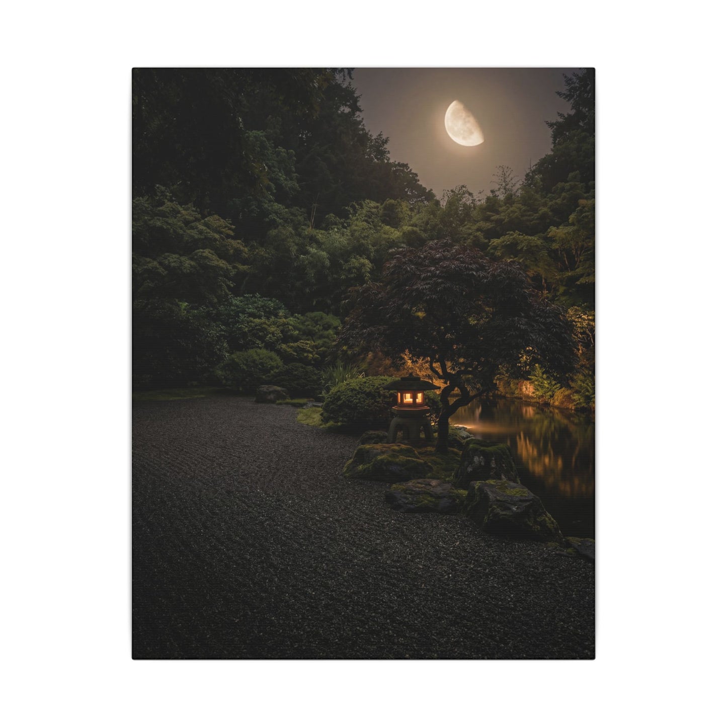 Dark Japandi Moonlit Garden in Golden Hour | Moody Minimal Canvas Art