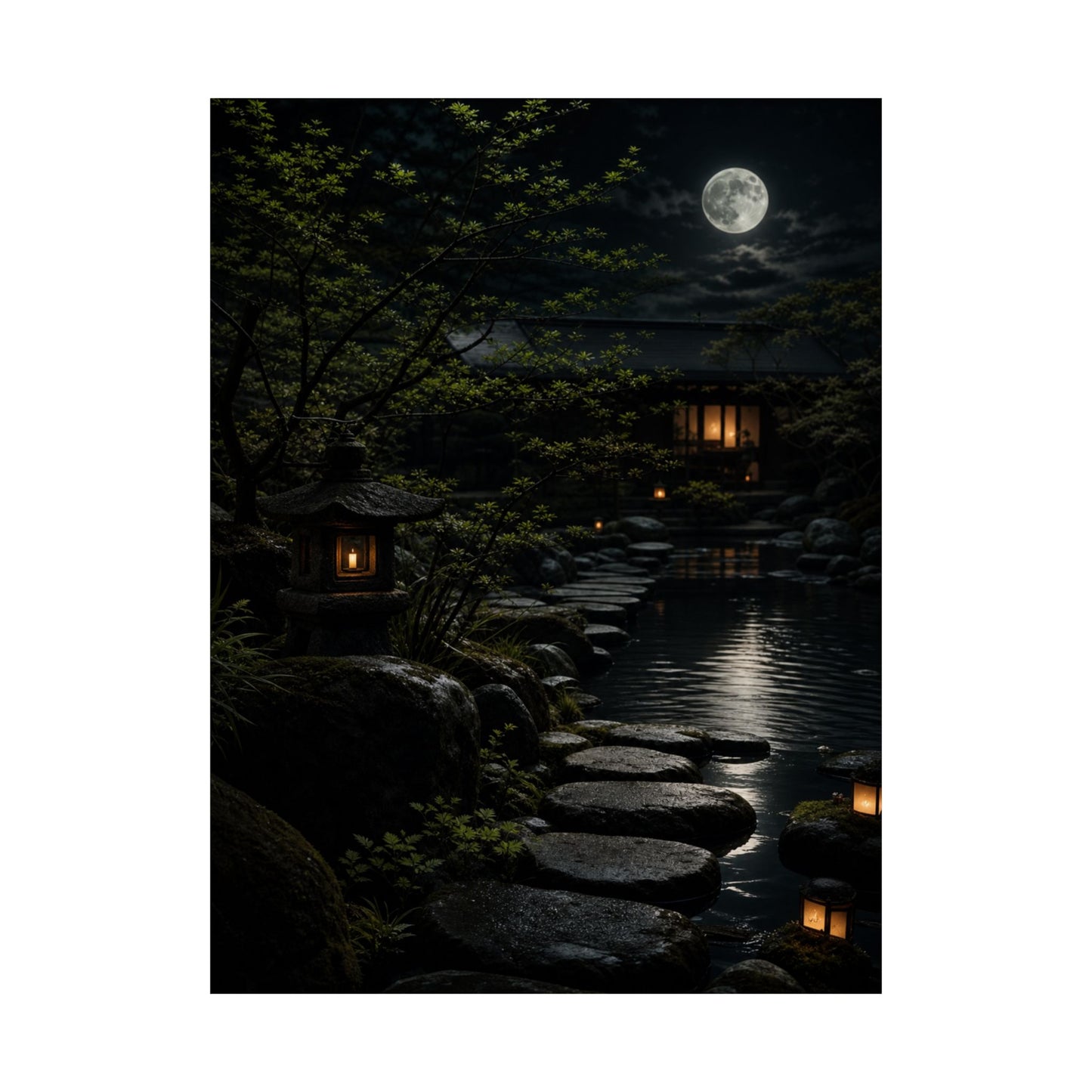 Ma Moonlit Garden Wall Art Print - Dark Japandi Shadow Zen