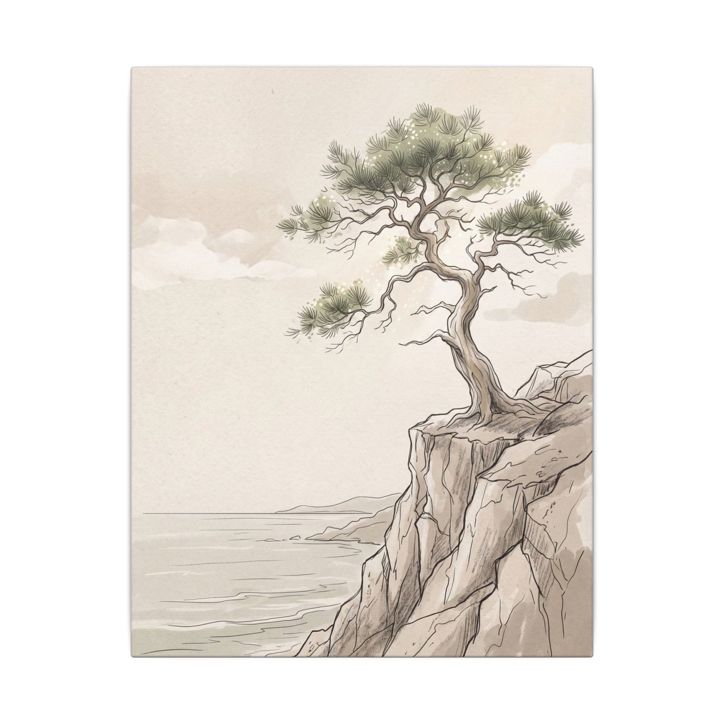 Japandi Pine Tree in Dappled | Minimal Line Canvas Art