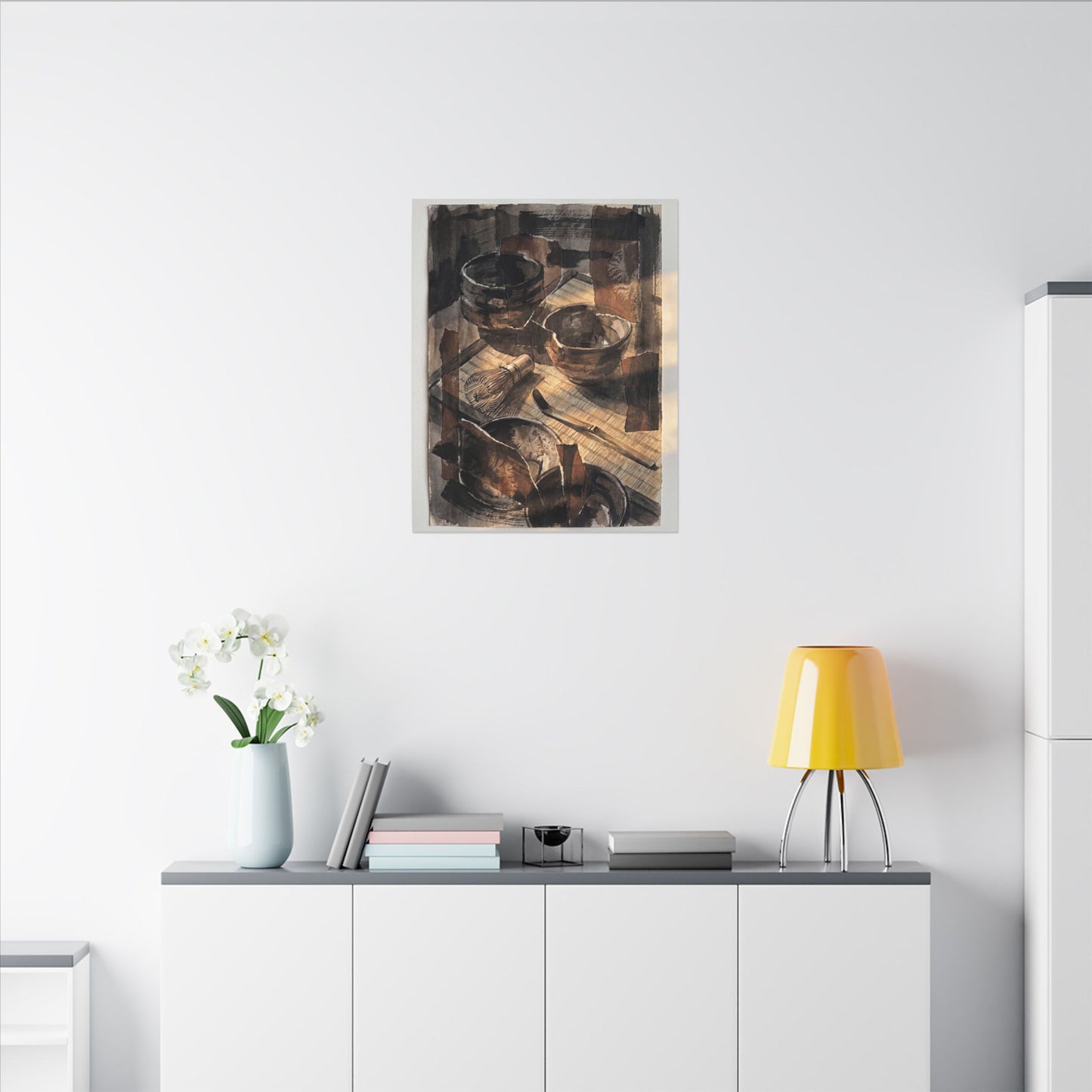 Tea Ceremony Charcoal Ink Canvas Art | Luxurious Dark Japandi Art