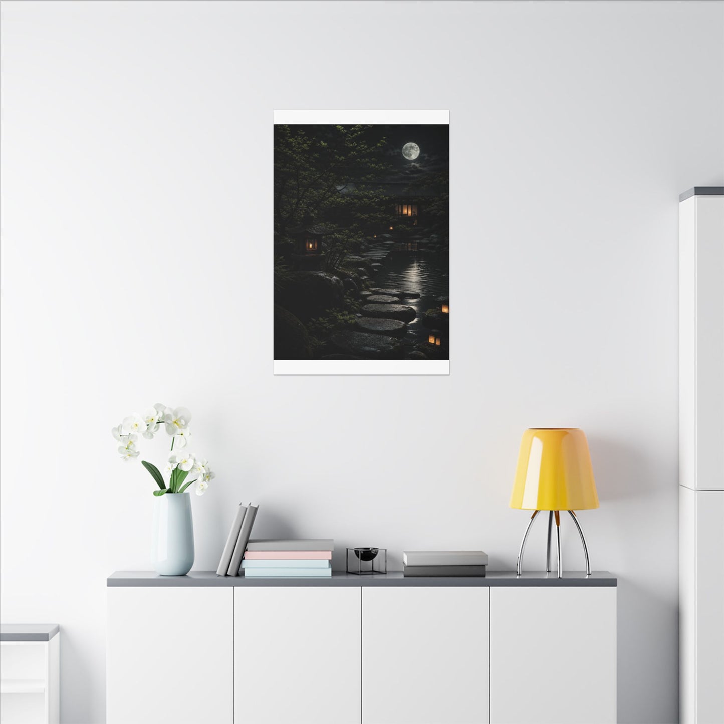 Moonlit Garden Shadow Zen Canvas Art | Sophisticated Dark Japandi Art