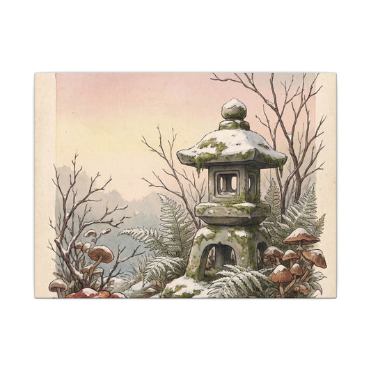 Stone Lantern Canvas Art | Winter Cottagecore Mushroom Illustration Art Art Print