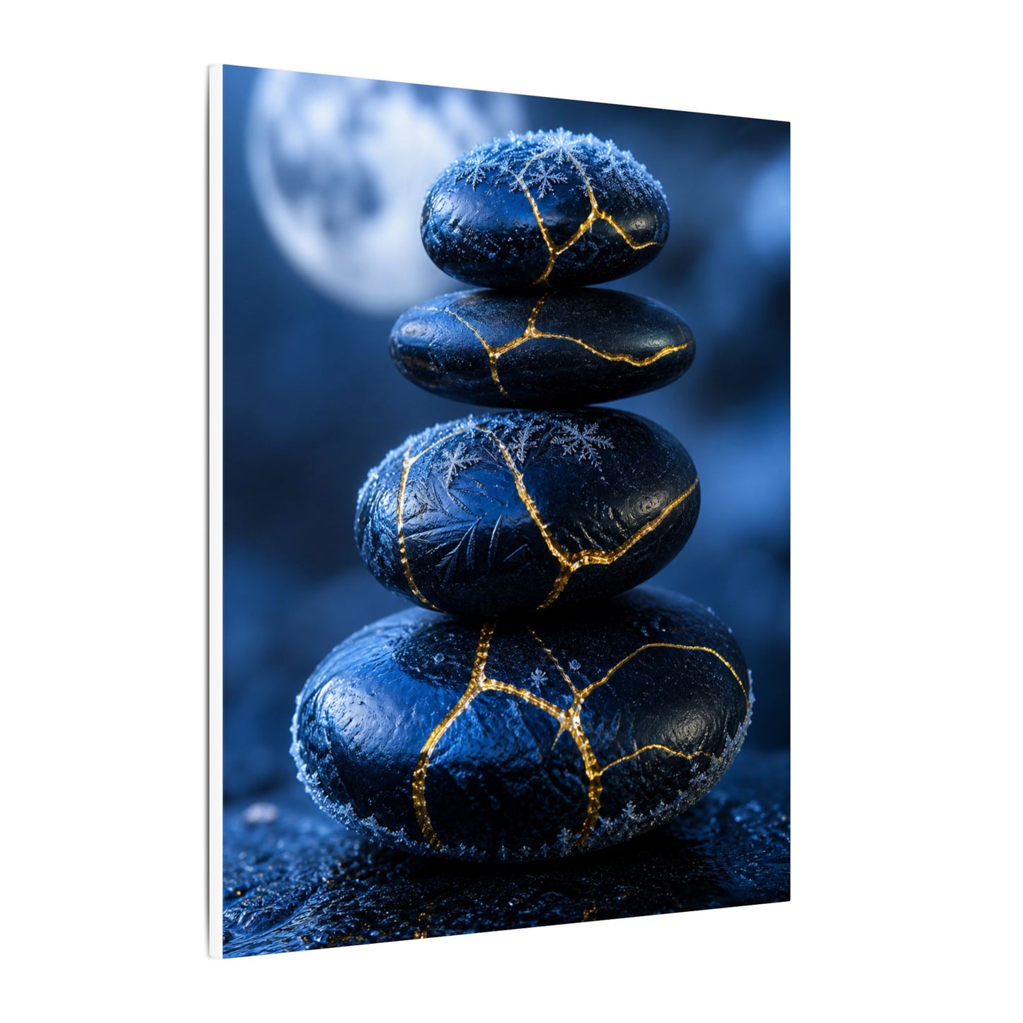 River Stones Canvas Art | Winter Kintsugi Gold Repair Art