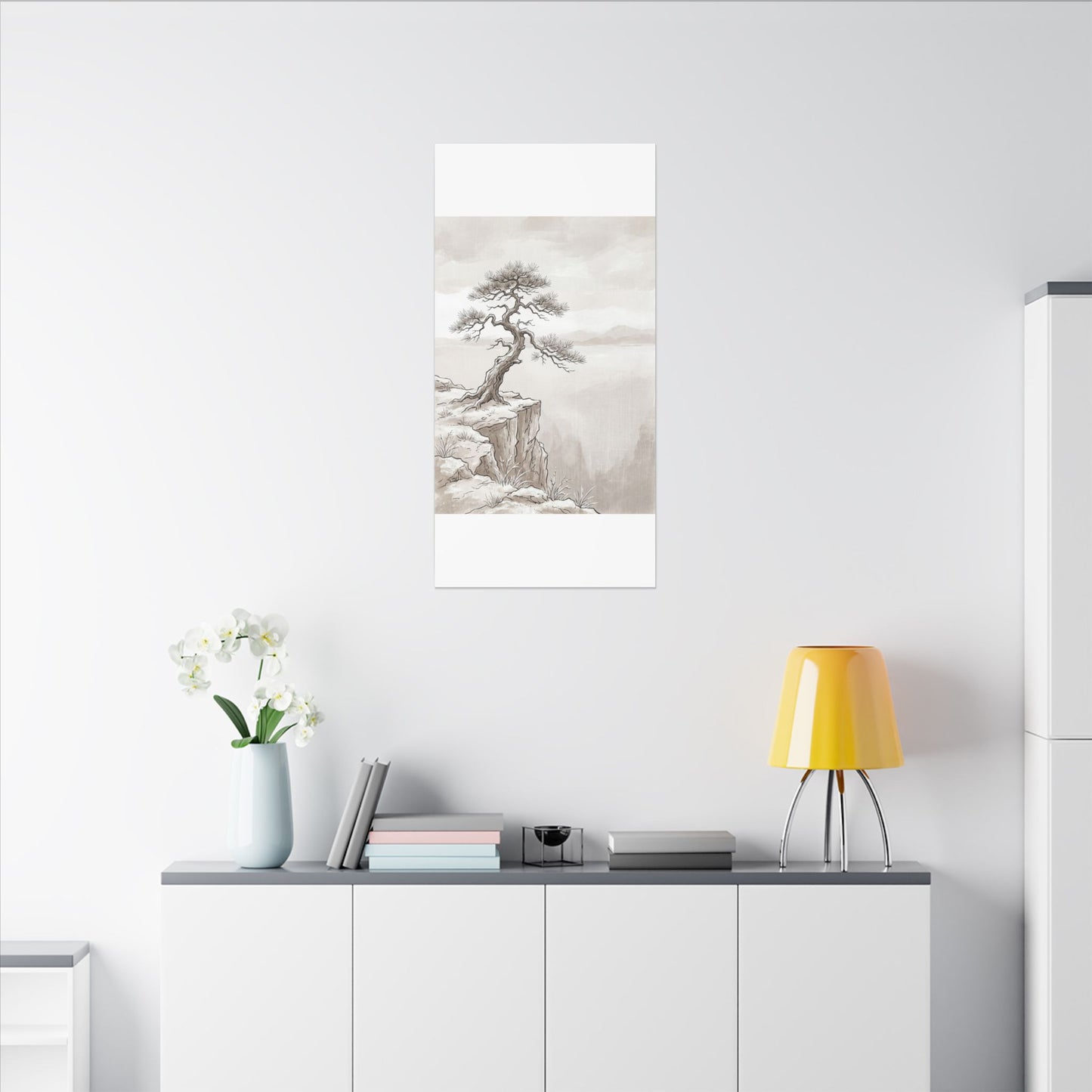 Neutral Pine Tree Canvas Art - Minimal Line Japandi