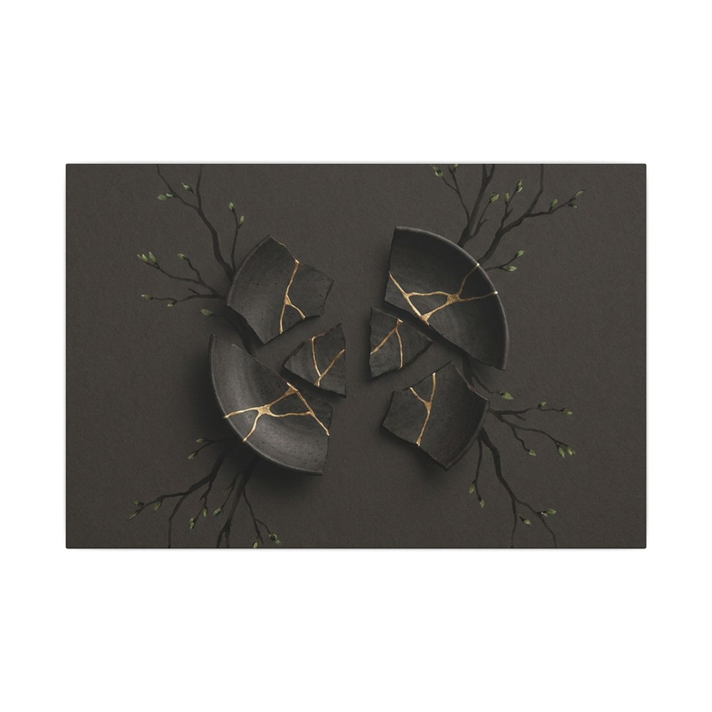 Sophisticated Broken Pottery Canvas Art - Charcoal Ink Dark Japandi