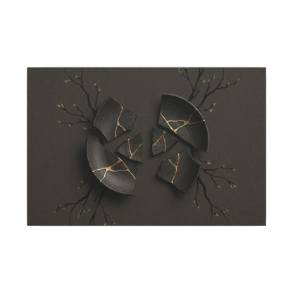 Sophisticated Broken Pottery Canvas Art - Charcoal Ink Dark Japandi