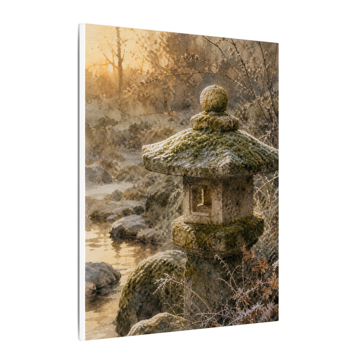 Winter Stone Lantern Watercolor Canvas Art | Earthy Decor